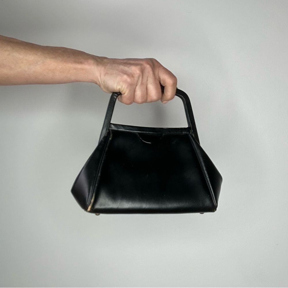 Very Vintage Black Leather Hand Purse with Cream leather lining and inner pocket